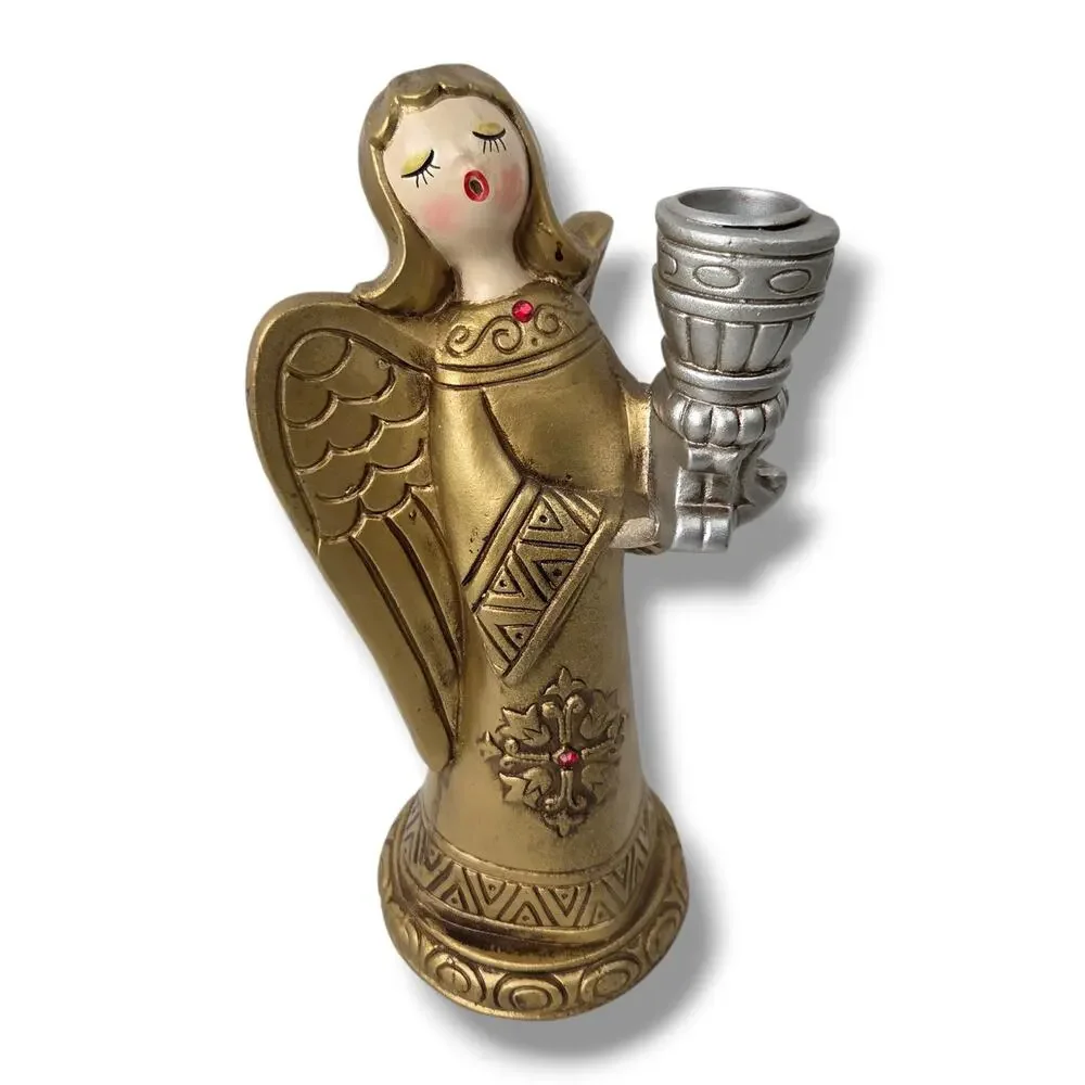 Mid Century Christmas Angel Candle Holder 1960s Gold Holy Hark Herald Sing